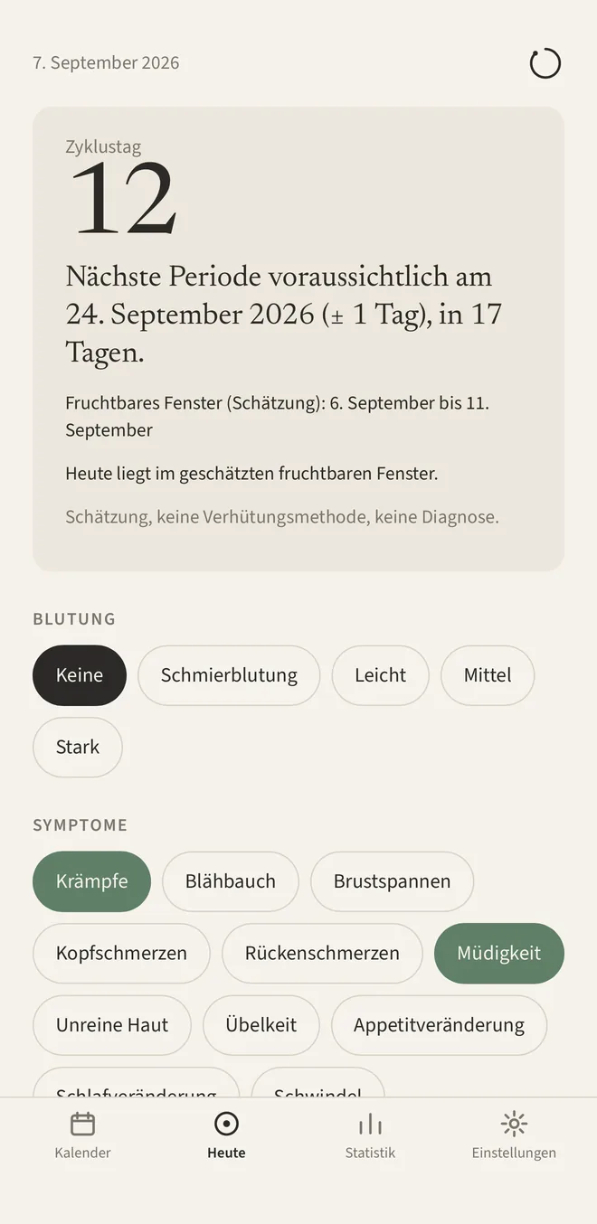 Heute-Ansicht von Zyklu: Zyklustag 12, nächste Periode voraussichtlich am 24. September, fruchtbares Fenster 6. bis 11. September, darunter Auswahl für Blutung und Symptome